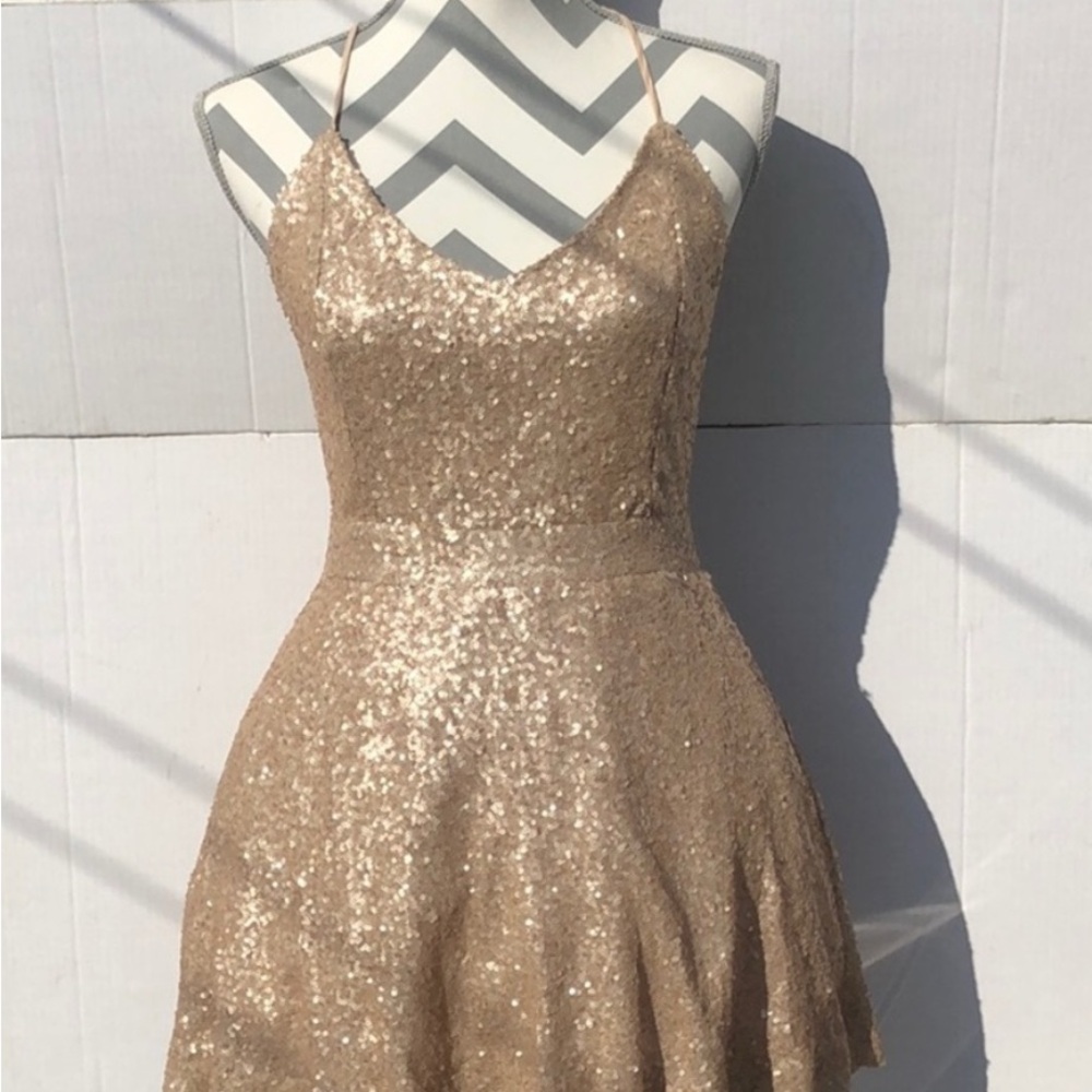 Tobi Gold Sequin Mini Dress Spaghetti Strap Fit and Flare, M